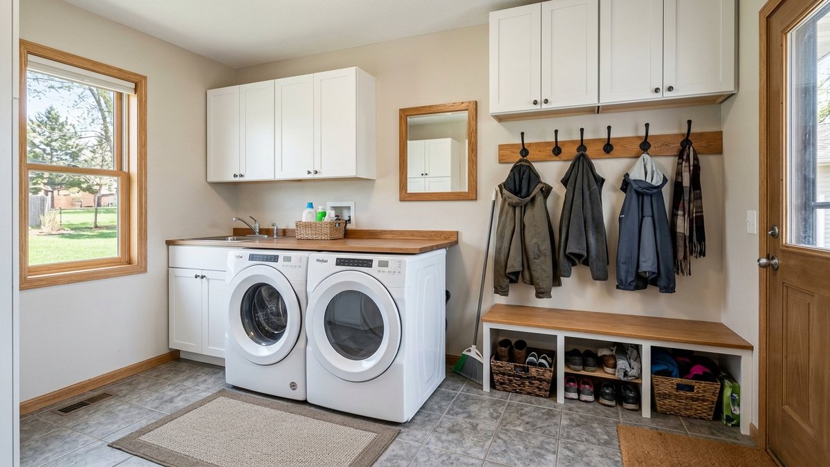 Everyday laundry and mudroom utility space in a Yankton home.