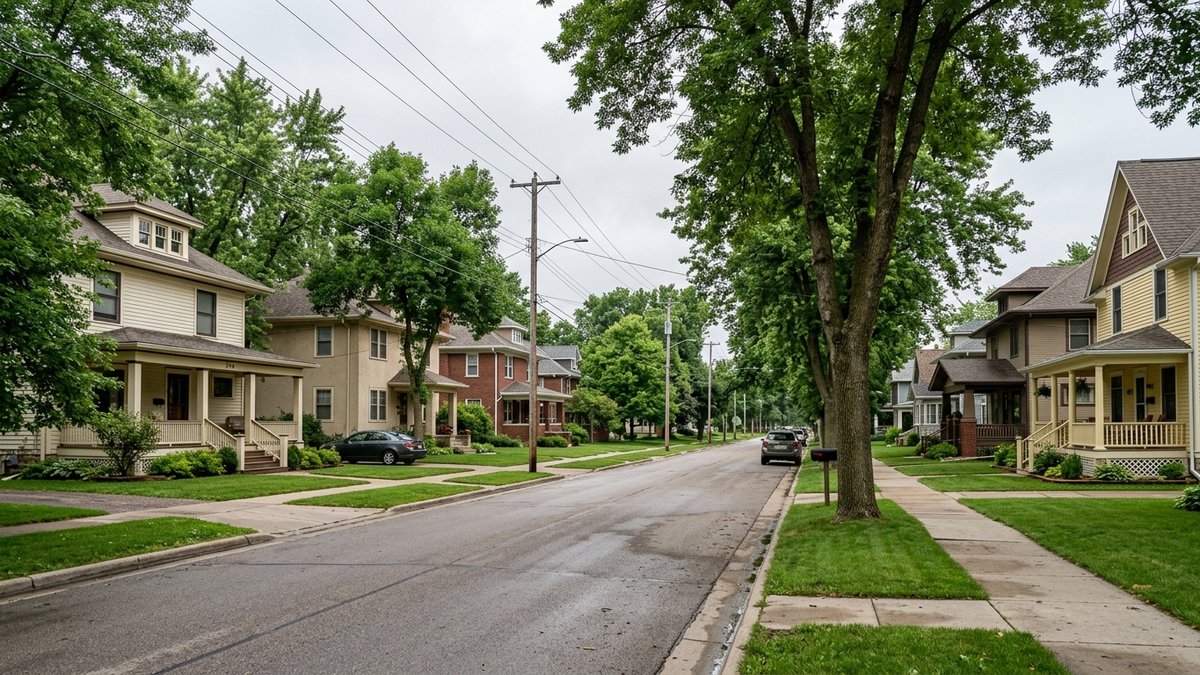 Residential street with detached homes and mature trees.