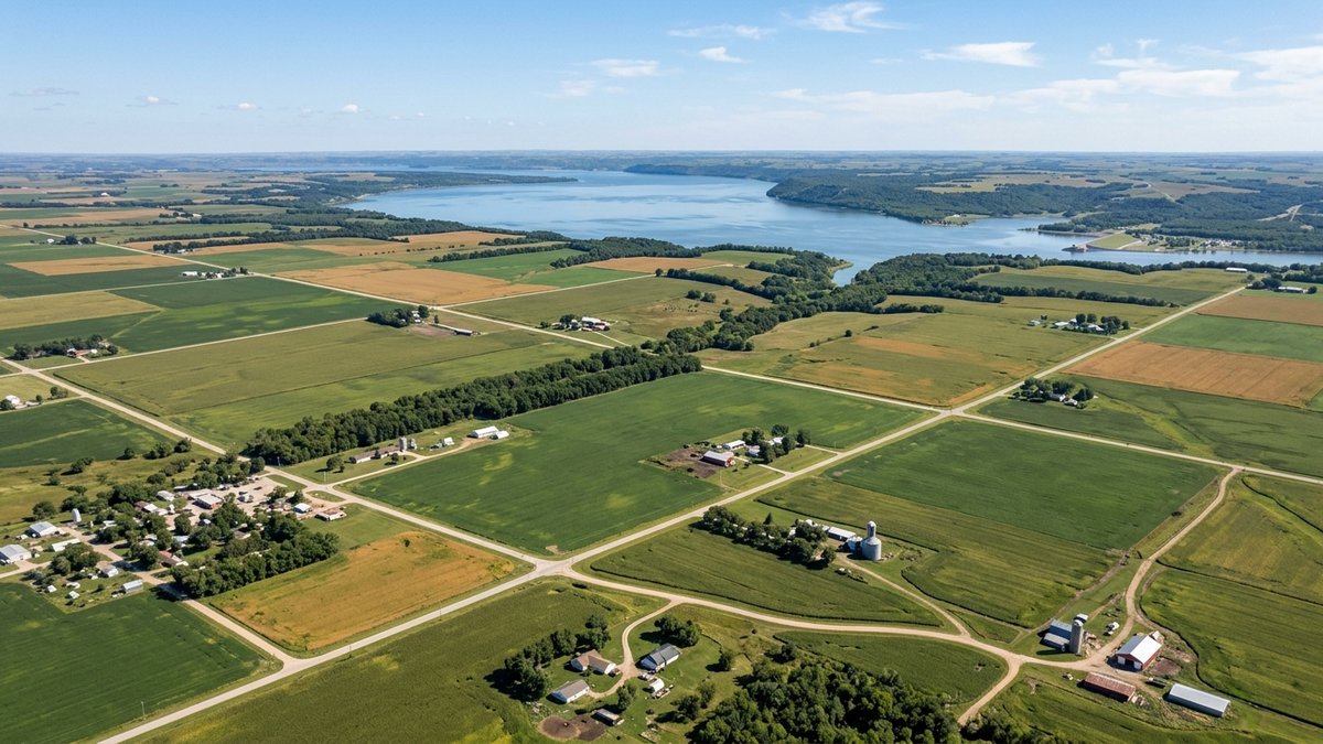 Natural aerial context view between Crofton and Lewis and Clark Lake. Useful for regional buyer and lake-access posts.