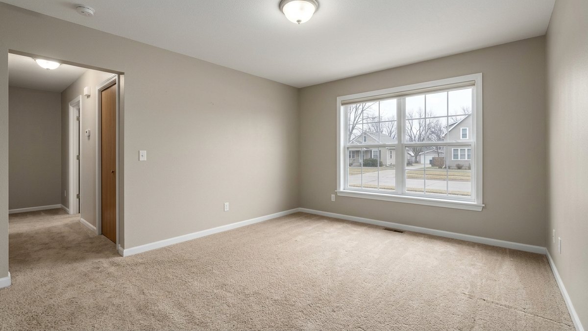 Plain empty living room in a Yankton resale home under overcast daylight. Useful for practical posts about showings, prep, and buyer evaluation.
