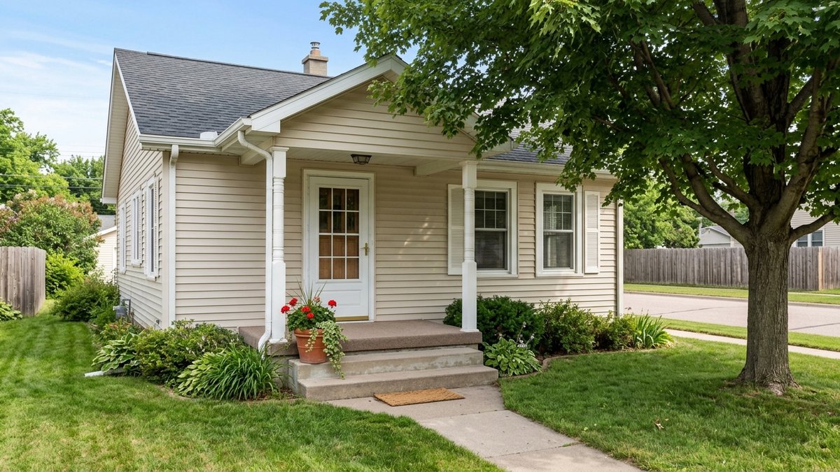 Simple front porch and home entry in daylight, representing the arrival and housing setup costs in a South Dakota move.