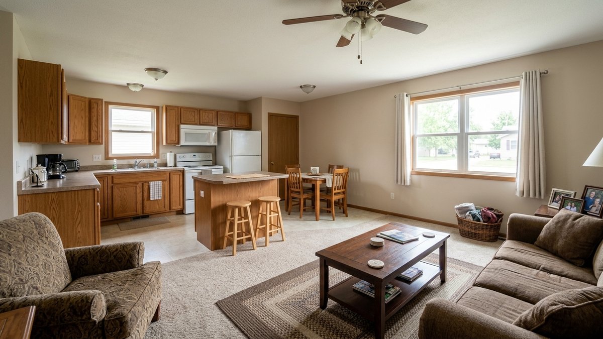 Ordinary home living room and kitchen in daylight, representing the condition and property-type comparison buyers should make in Aberdeen and Watertown.