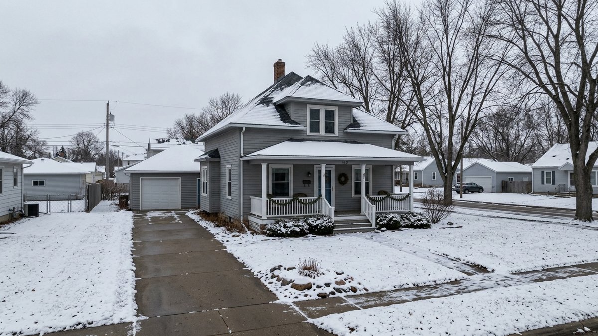 Plain winter exterior of a Yankton home with snow on the lawn and driveway. Useful for seasonal maintenance and seller-prep posts.