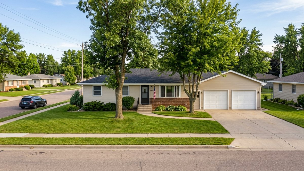 Single-story ranch-style home with a front lawn, mature trees, attached two-car garage, and residential street.