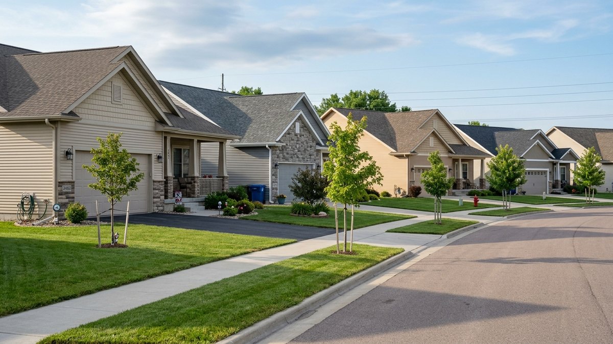 New-construction subdivision streetscape in South Dakota, casual daylight.