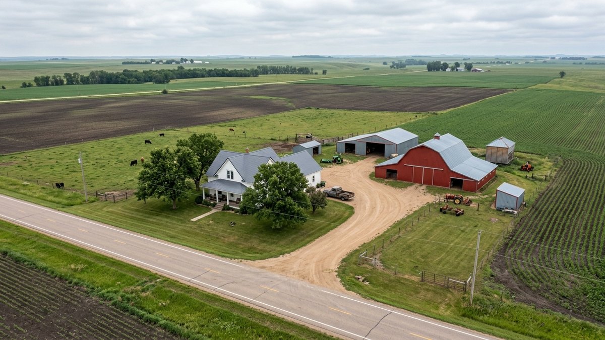 Aerial view of a rural property near Yankton with a farmhouse, outbuildings, and surrounding fields.