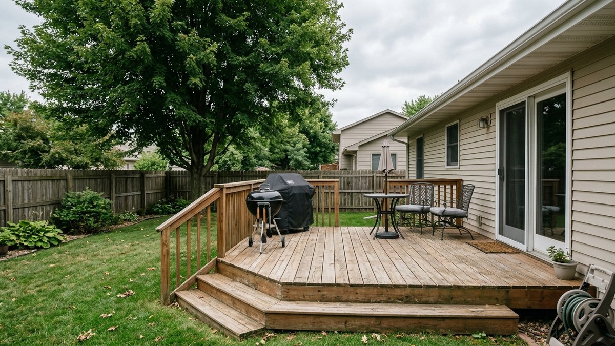 Backyard deck and fenced yard at a Yankton resale home